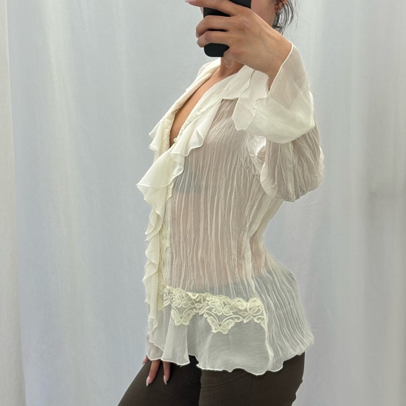 Y2K sheer cream ruffle blouse - Picture 3 of 4
